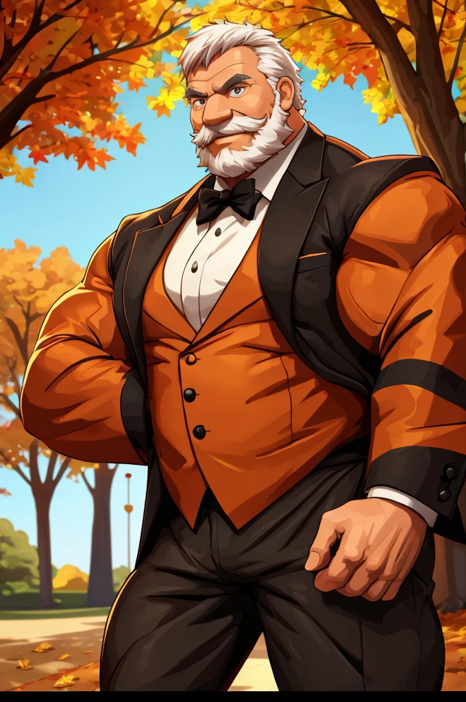 a muscular old man in park, happy, autumn, suits, vector, mwvector, bokeh, smile, (masterpiece:1.2),(best quality,8k),huge and muscular,thick arms,short hair,white hair