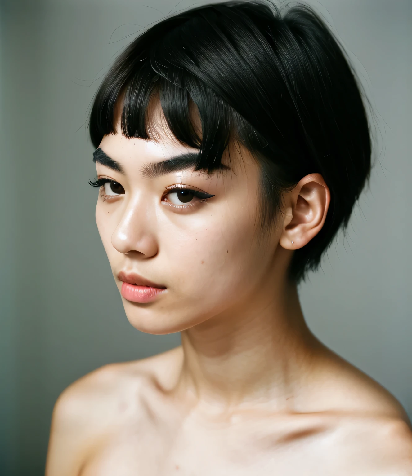Portrait of 22years old asian man with black mushroom cut hair and clean, fresh skin, narrow eyes, (single eyelid:1.5), (thin eyebrows, light eyebrows:1.4), hollow cheeks, closed mouth, (fashion model, runway:1.2), the image is horizontal for banner space, showing a close-up of a human subject in the right position. It is photorealistic, a natural shot captured by the best studio photographer, epiC35mm