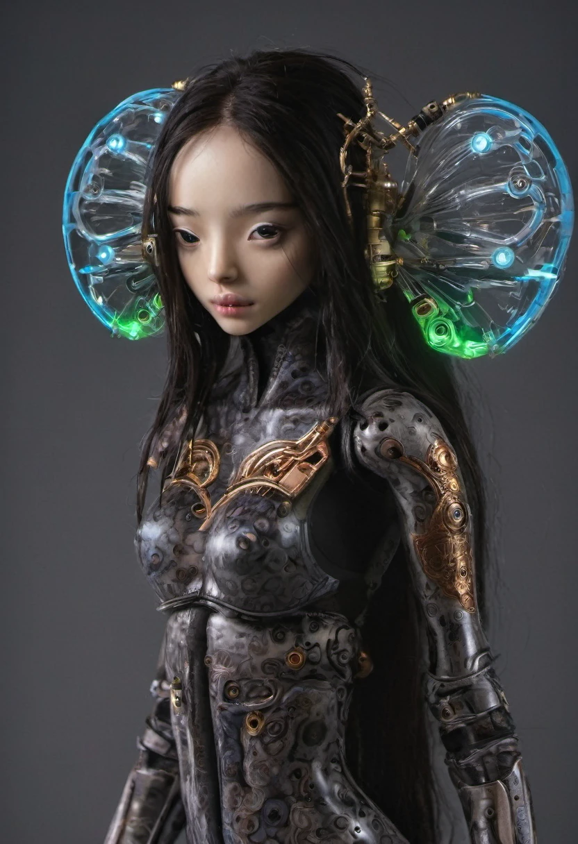 The portrait of a young woman and beautiful electronic mechanical insect android flying in the dark and showing its circuits and gears through its plastic and transparent skin.