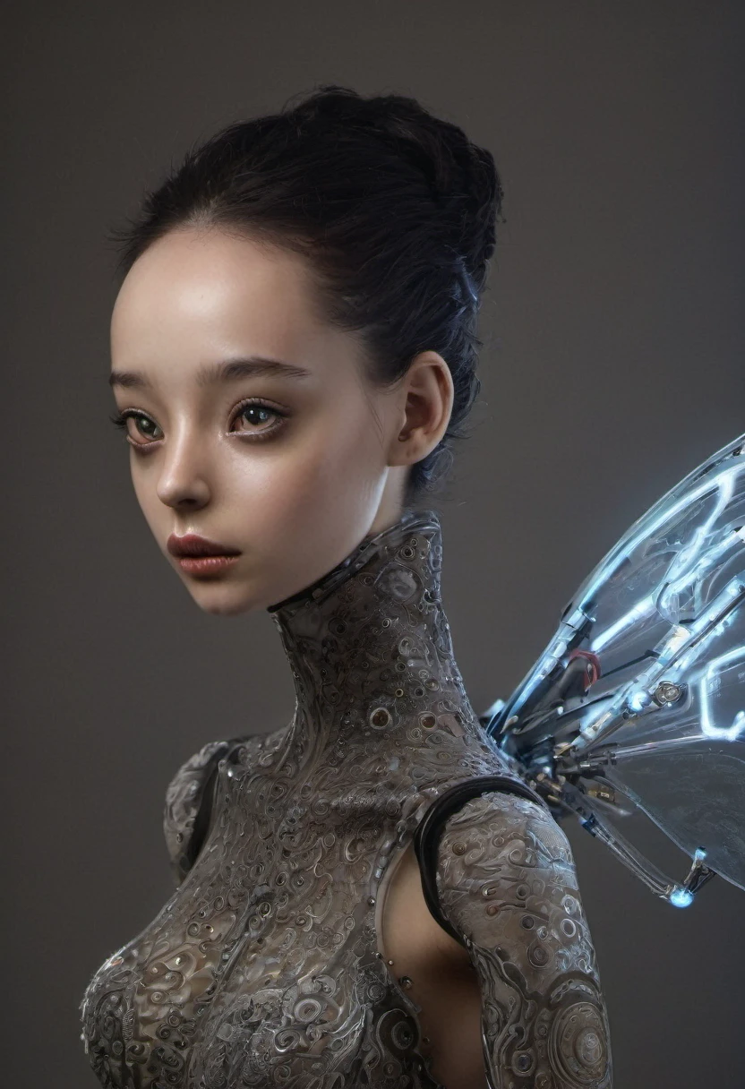 The portrait of a young woman and beautiful electronic mechanical insect android flying in the dark and showing its circuits and gears through its plastic and transparent skin.