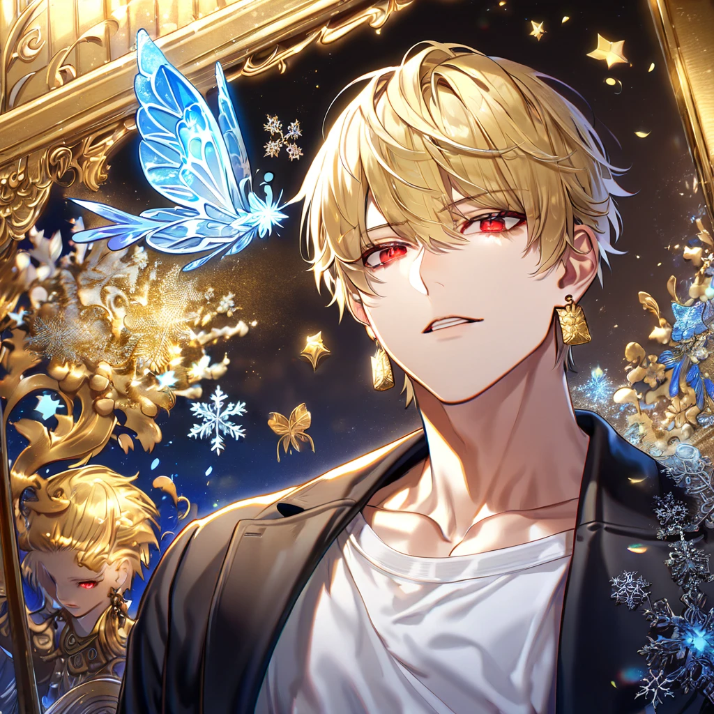 absurdres, highres, ultra detailed, HDR, master piece, best quality, extremely detailed face, delicated features, Gilgamesh, blonde hair, short hair, expressive red eyes, fate grand order, black jacket, white T-shirt, golden earrings, solo, sexy man, handsome, fantasy, magical, ice, blue fire, ice butterflies, snowflakes, starry night