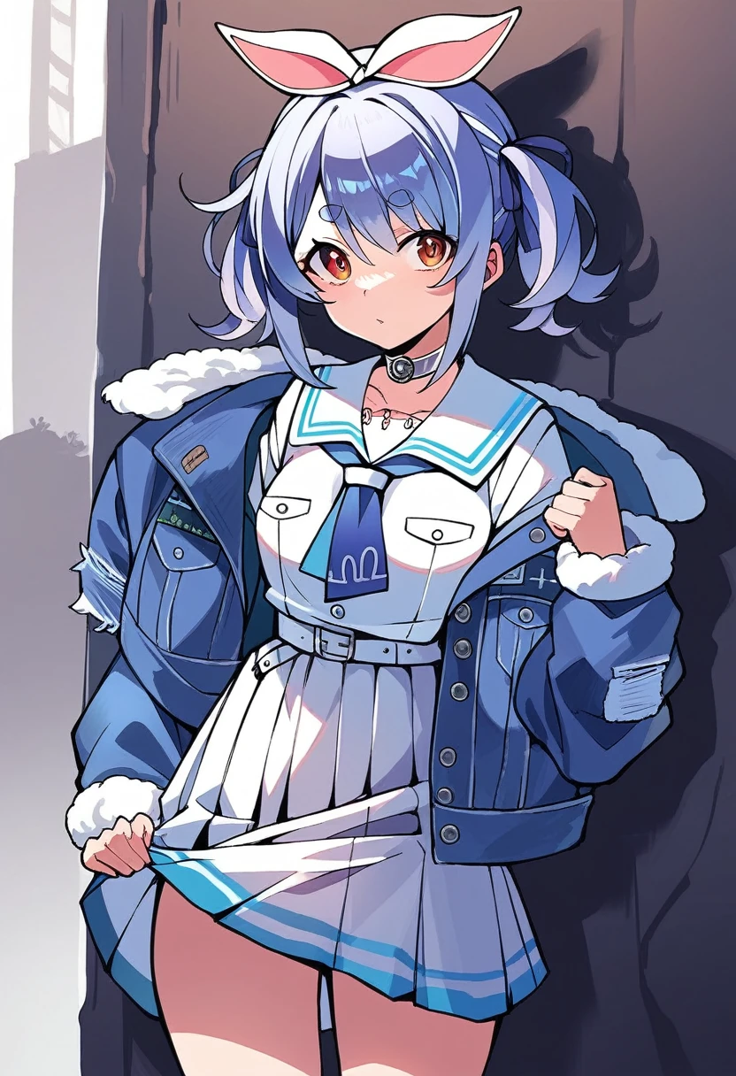 usada pekora casual, official alternate costume, fur-trimmed jacket, choker, denim jacket, open clothes, white belt, long sleeves, open jacket, sailor collar, blue neckerchief, pleated skirt, white sailor collar, skirt lift, bottomless