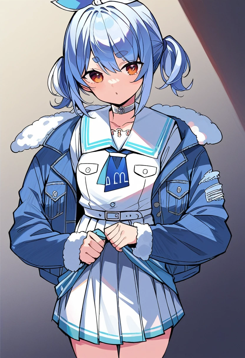 usada pekora casual, official alternate costume, fur-trimmed jacket, choker, denim jacket, open clothes, white belt, long sleeves, open jacket, sailor collar, blue neckerchief, pleated skirt, white sailor collar, skirt lift, bottomless