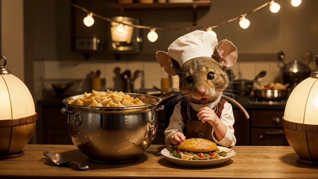 The image is a 3D digital artwork featuring a small, anthropomorphic mouse wearing a chef's hat, created with a high level of realism and detail. The mouse is the central subject, holding a small bowl and appears to be cooking or preparing food. The background is softly blurred, with bokeh lights creating a warm, cozy atmosphere. Scattered food items on the surface around the mouse add to the culinary theme. The lighting highlights the fur texture and the expressive face of the mouse, conveying a sense of curiosity and joy. The overall composition is charming and whimsical, likely appealing to both children and adults.