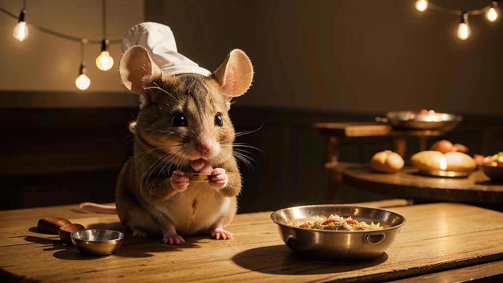 The image is a 3D digital artwork featuring a small, anthropomorphic mouse wearing a chef's hat, created with a high level of realism and detail. The mouse is the central subject, holding a small bowl and appears to be cooking or preparing food. The background is softly blurred, with bokeh lights creating a warm, cozy atmosphere. Scattered food items on the surface around the mouse add to the culinary theme. The lighting highlights the fur texture and the expressive face of the mouse, conveying a sense of curiosity and joy. The overall composition is charming and whimsical, likely appealing to both children and adults.