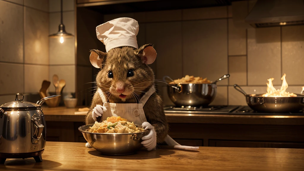The image is a 3D digital artwork featuring a small, anthropomorphic mouse wearing a chef's hat, created with a high level of realism and detail. The mouse is the central subject, holding a small bowl and appears to be cooking or preparing food. The background is softly blurred, with bokeh lights creating a warm, cozy atmosphere. Scattered food items on the surface around the mouse add to the culinary theme. The lighting highlights the fur texture and the expressive face of the mouse, conveying a sense of curiosity and joy. The overall composition is charming and whimsical, likely appealing to both children and adults.