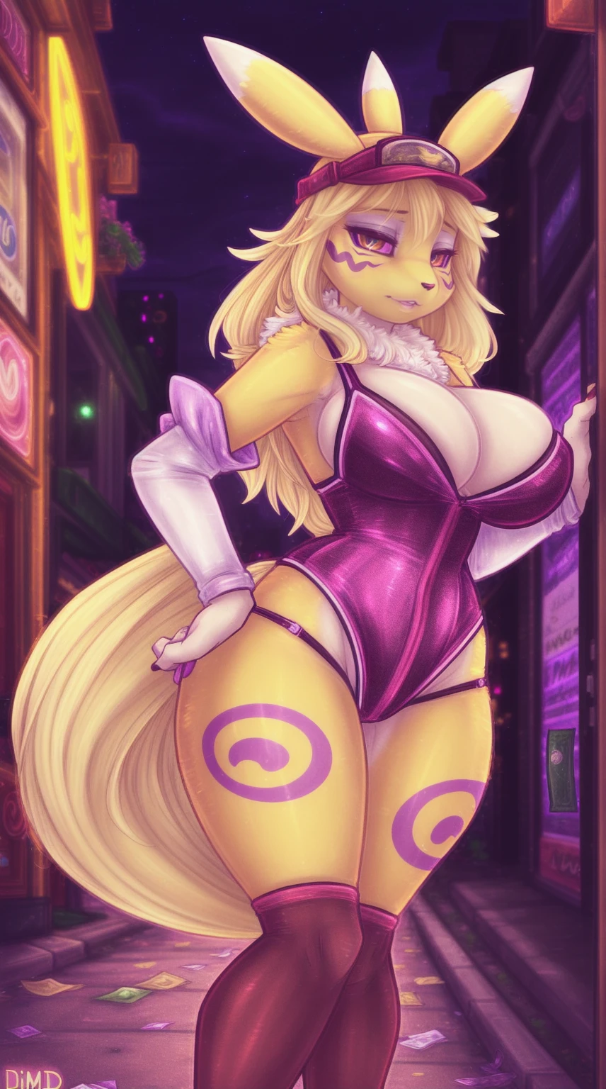 uploaded on e621, (((by Dimwitdog))), solo female (((renamon))), wear (((slutty street hooker outfit))), (detailed renamon), digimon, (detailed lighting),(detailed fur), (detailed big breasts), huge breasts, breast squish, (detailed skin), BREAK, ((standing at a street corner at night)), (cinematic lighting), ((detailed background)), ((depth of field)), (half body shadow), ((looking at viewer)), (low-angle view), ((three-quarter view)), [backlighting], [detailed ambient light], [gray natural lighting], [ambient light on the belly], [realistic proportions], [explicit content, adult, nsfw], [sharp focus], (questionable content), (shaded), (hi res), ((masterpiece)), half-closed eyes, bimbo, ((long blonde hair)), (blonde hair on head), (prostitute), money, condom wrapper strip,