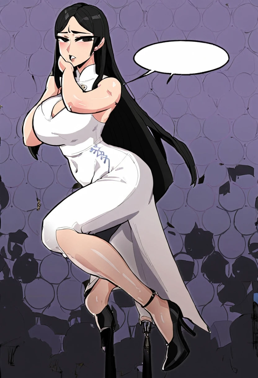 A woman of thirty, full body portrait, long hair, wearing a long white dress, black high heels, aggrieved expression, Korean comic style