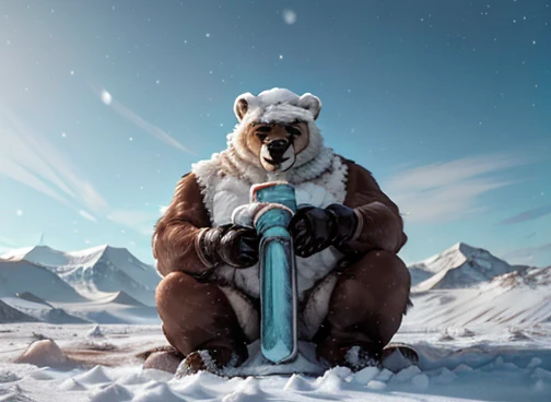  A humanoid polar bear is hunting its food . In the scenario there are immense frozen mountains. The soil and frozen environment, snow covered, icy storm , urso polar pelugem branco  🐻‍❄️ 🤍