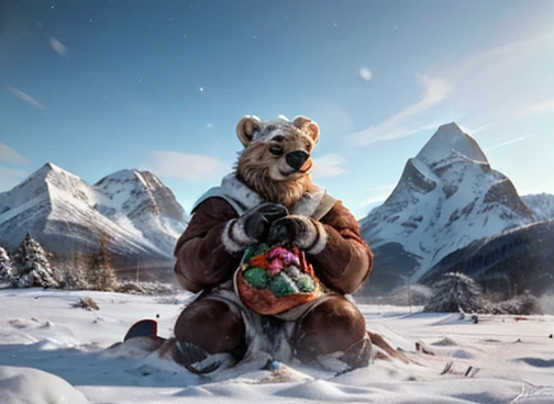  A humanoid polar bear is hunting its food . In the scenario there are immense frozen mountains. The soil and frozen environment, snow covered, icy storm , urso polar pelugem branco  🐻‍❄️ 🤍