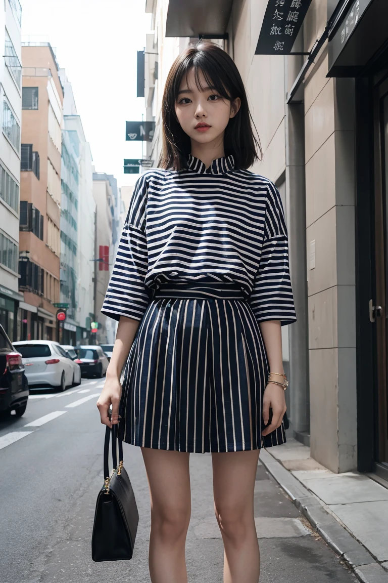 Vertical lines：选择带有Vertical lines或图案的服装，Like striped shirt、Straight striped skirt, etc.，Can create a sense of extension visually。