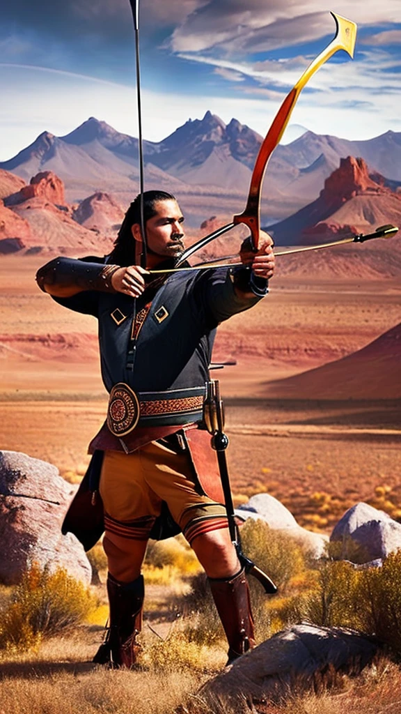 a native american archer in the wilderness, aiming bow and arrow at prey, wild west era, realistic, photorealistic, 8k, highly detailed, dramatic lighting, cinematic, warm color tones, dramatic composition, rugged landscape, dramatic sky, epic scale