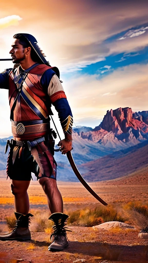a native american archer in the wilderness, aiming bow and arrow at prey, wild west era, realistic, photorealistic, 8k, highly detailed, dramatic lighting, cinematic, warm color tones, dramatic composition, rugged landscape, dramatic sky, epic scale