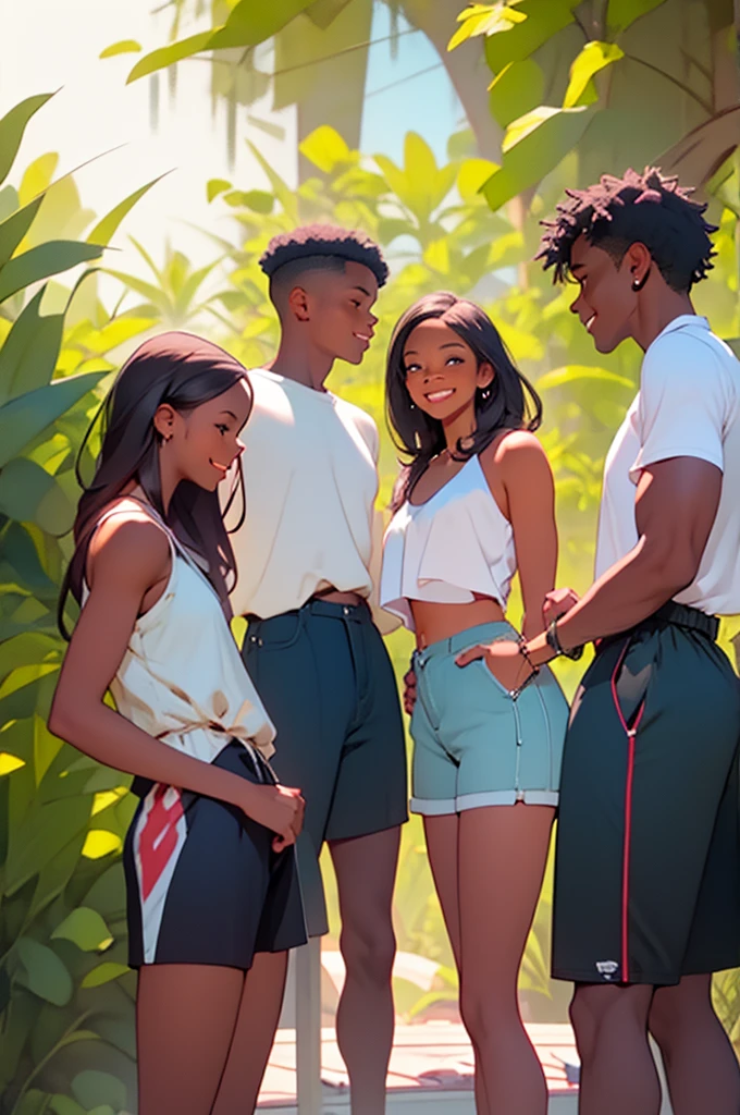two young women in shorts with two young men wearing shorts, at bbq, outdoor grill, distance shot, happy, talking