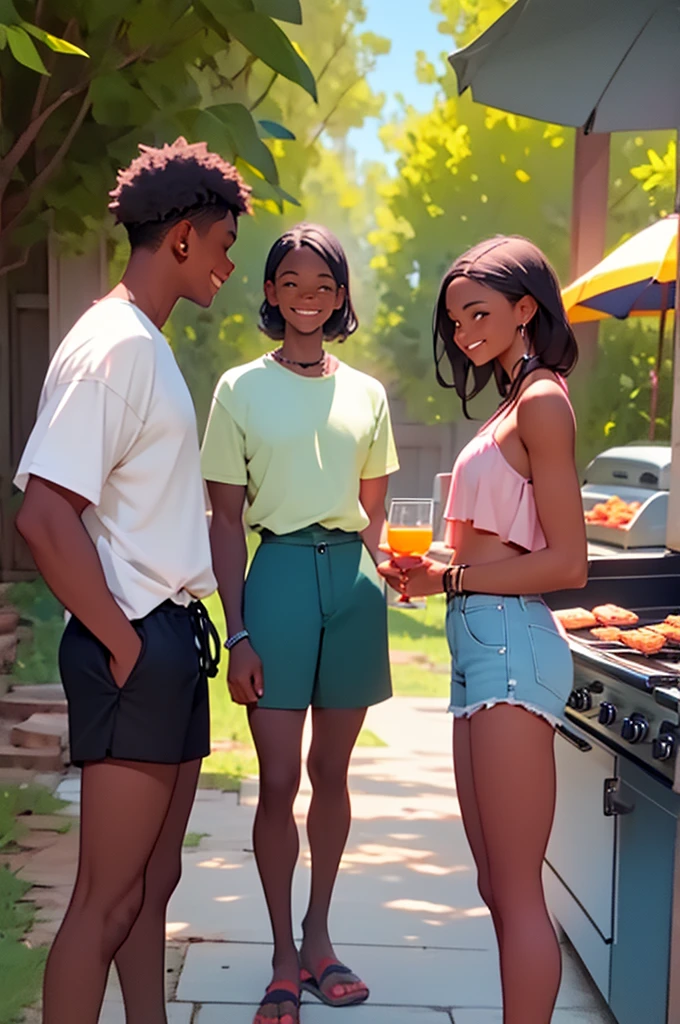 two young women in shorts with two young men wearing shorts, at bbq, outdoor grill, distance shot, happy, talking