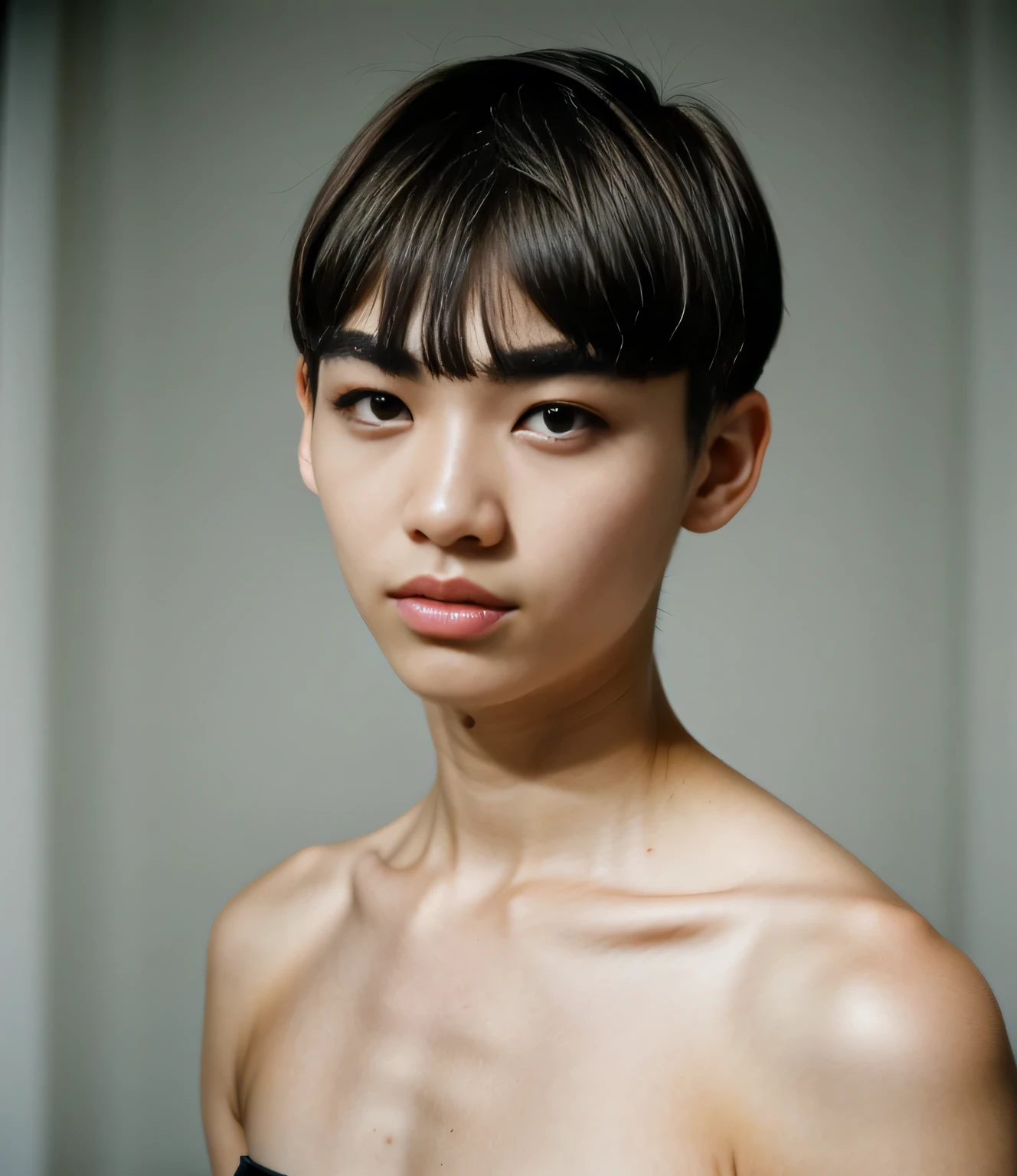 Portrait of 22years old asian man, (black mushroom cut hair and clean), fresh skin, narrow and small eyes, ((single eyelid:1.5)), ((thin eyebrows, light eyebrows:1.4)), hollow cheeks, closed mouth, (fashion model, runway:1.2), the image is horizontal for banner space, showing a close-up of a human subject in the right position, It is photorealistic, a natural shot captured by the best studio photographer, epiC35mm
