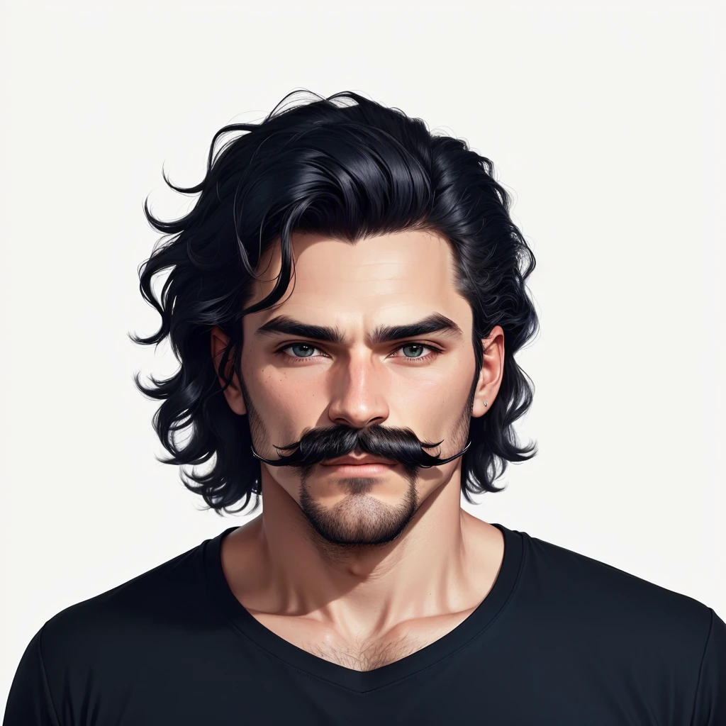 There's a man with a mustache and a blue shirt, frontal image, very low quality image, without mustache, with a mustache, profile picture with headshot, in front of a black background, Serpentina do Twitch / gamer ludwig, with a mustache aparado, monocelha, with a dark black background, no beard and moustache, 8k selfie photograph, with black background