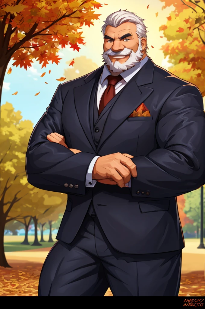 a muscular old man in park, happy, autumn, suits, vector, mwvector, bokeh, smile, (masterpiece:1.2),(best quality,8k),huge and muscular,thick arms,short hair,white hair
