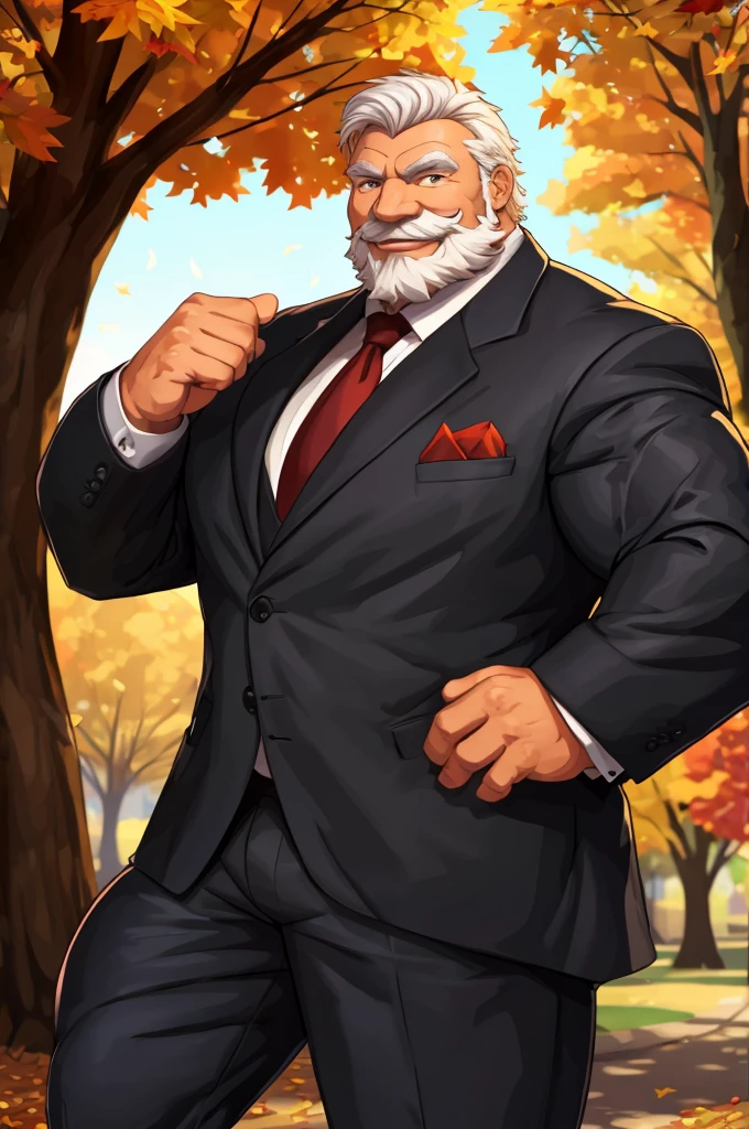 a muscular old man in park, happy, autumn, suits, vector, mwvector, bokeh, smile, (masterpiece:1.2),(best quality,8k),huge and muscular,thick arms,short hair,white hair