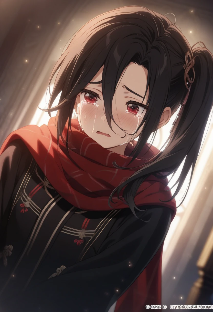 1girl rento \(rukeai\), official art, sitting, crying, tears streaming, black coat, red scarf, black hair, side_ponytail, red eyes, (very aesthetic, best quality, ultra detailed), intricate details, highres, indoors, light particles, close-up, blurry background,, low angle, cinematic angle, cowboy shot, emotional, delicate features