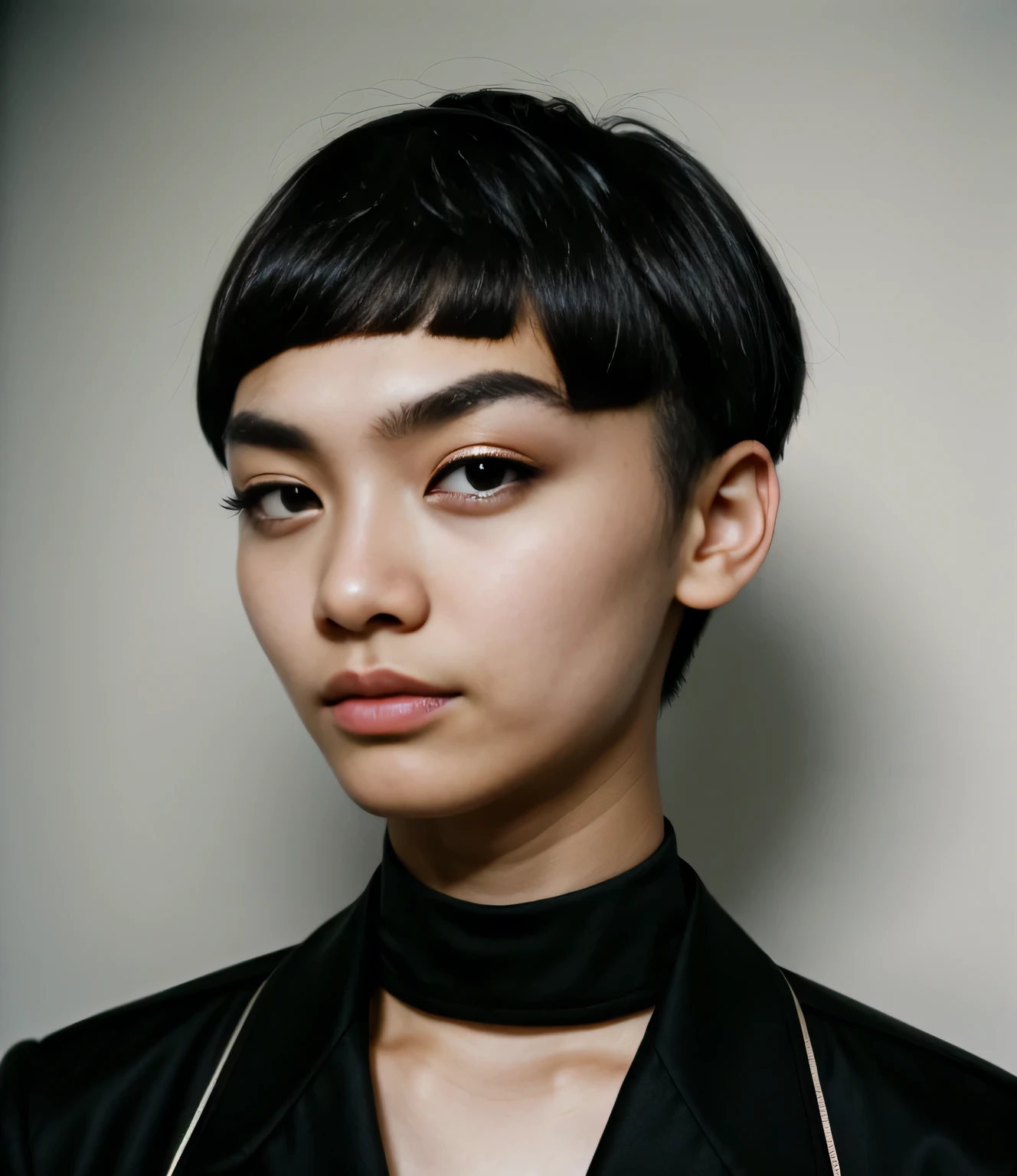 Portrait of 22years old asian man, (black mushroom cut hair and clean), fresh skin, narrow and small eyes, ((single eyelid:1.5)), ((thin eyebrows, light eyebrows:1.4)), hollow cheeks, closed mouth, (fashion model, runway:1.2), the image is horizontal for banner space, showing a close-up of a human subject in the right position, It is photorealistic, a natural shot captured by the best studio photographer, epiC35mm