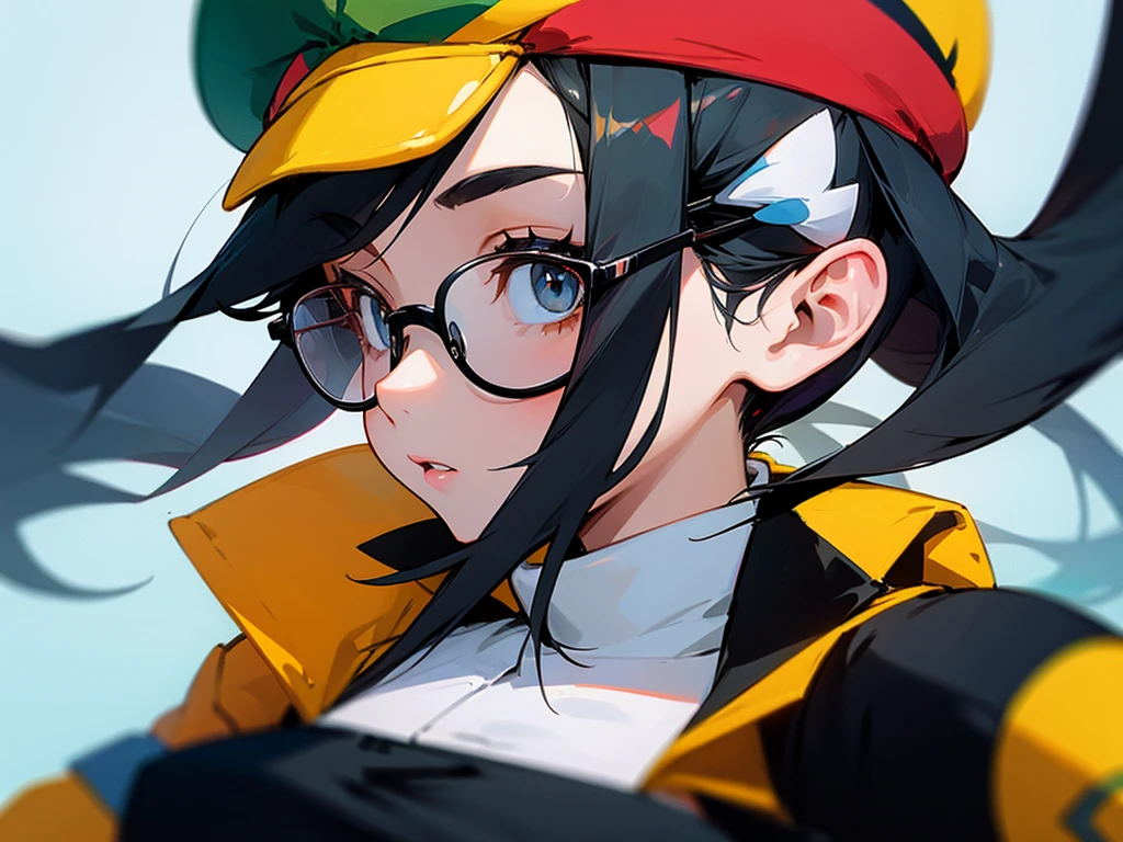 young woman, long black hair, glasses, beret, pokemon trainer