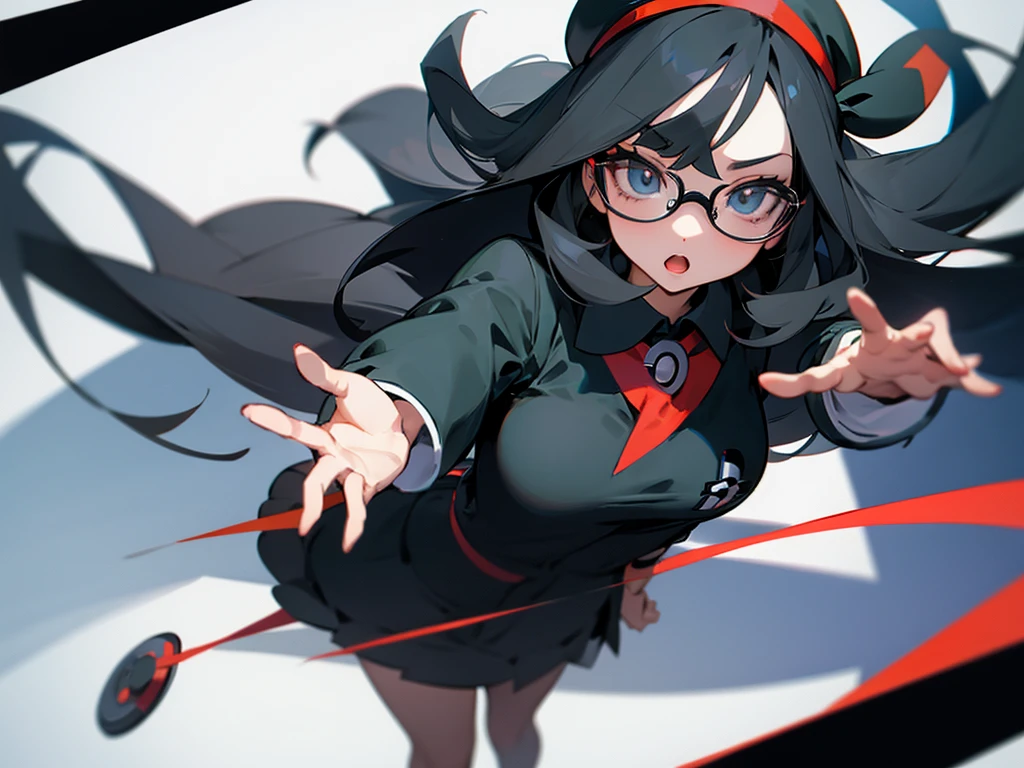 young woman, long black hair, glasses, beret, pokemon trainer