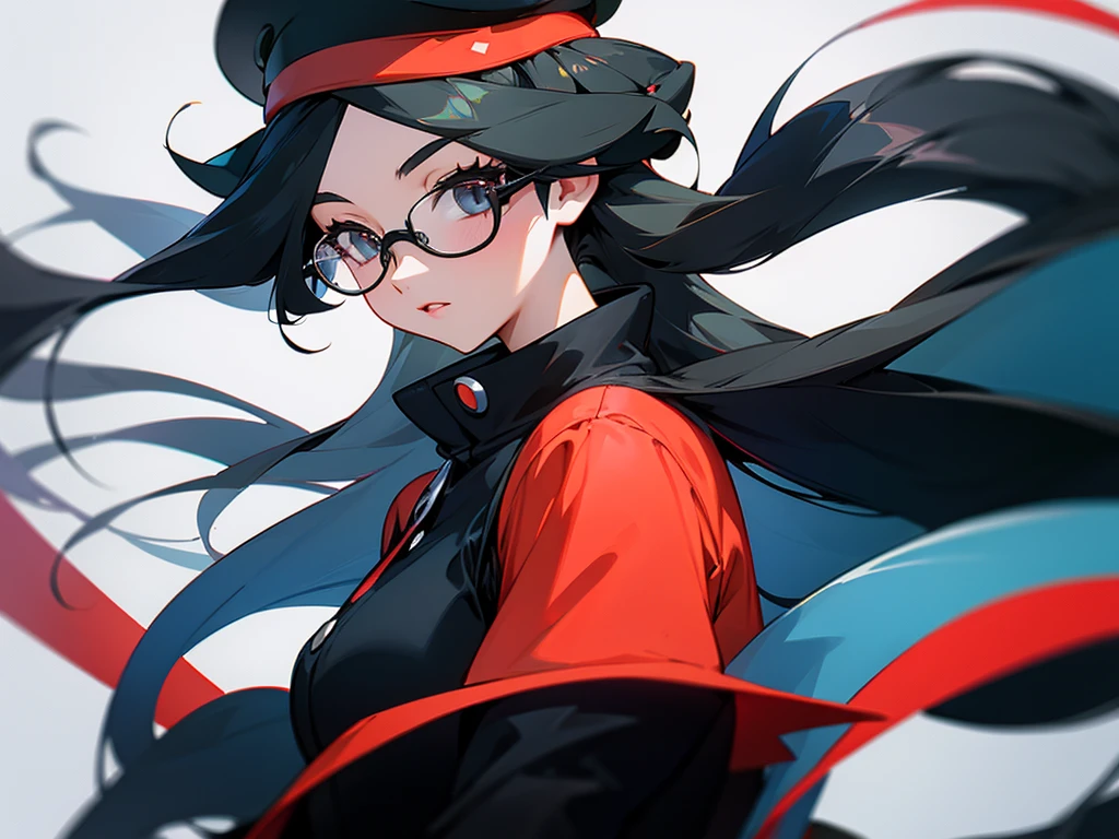 young woman, long black hair, glasses, beret, pokemon trainer