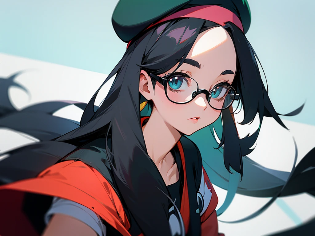 young woman, long black hair, glasses, beret, pokemon trainer