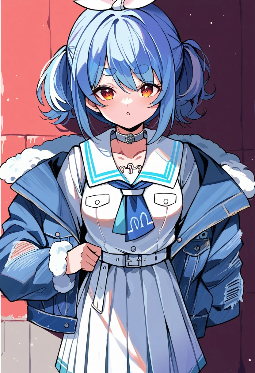 nsfw, usada pekora casual, official alternate costume, fur-trimmed jacket, choker, denim jacket, open clothes, white belt, long sleeves, open jacket, sailor collar, blue neckerchief, pleated skirt, white sailor collar, skirt lift, bottomless