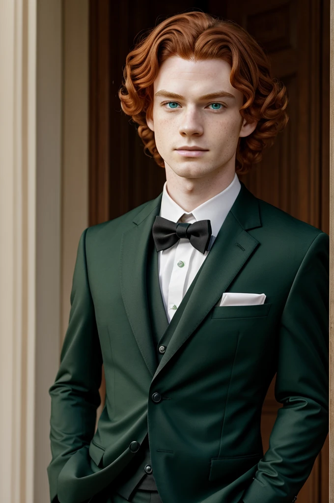 Chico/anime and portrait style Natural wavy reddish hair, green eyes, pale skin with freckles, thin and somewhat strong body under his butler suit.