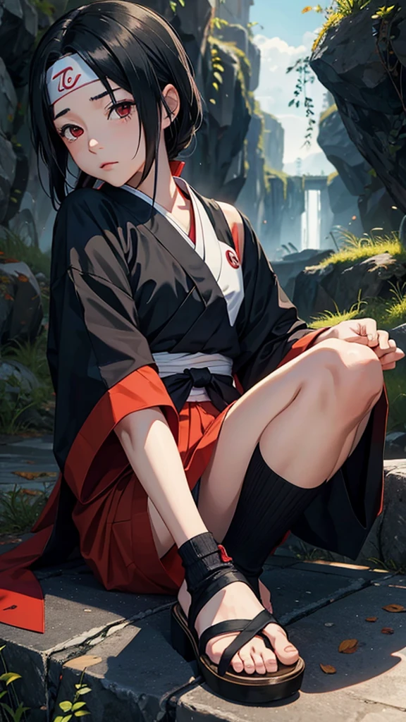 senjumaru shutara, (long hair, bangs, blunt bangs, black hair, sidelocks:1.5), (black eyes:1.5), makeup, lipstick, red lipstick, sweating, glowing eyes, heavy breathing, female focus, 1girl, barefoot, feet, skirt, breasts, outdoors, looking_at_viewer, tree, bare_legs, sitting, solo, large_breasts, black_skirt, mole, legs, bare_shoulders, toes, jewelry, thighs, shirt, earrings, off_shoulder, sidelocks, bush, day, long_sleeves, leg_hug, mole_under_eye, pleated_skirt, mole_under_mouth, "glow effects, godrays, Hand drawn, render, 8k, octane render, cinema 4d, blender, dark, atmospheric 4k ultra detailed, cinematic, Sharp focus, big depth of field, Masterpiece, colors, 3d octane render, 4k, concept art, trending on artstation, hyperrealistic, Vivid colors, extremely detailed CG unity 8k wallpaper, trending on CGSociety, Intricate, High Detail, dramatic", anime coloring, anime screencap, sweating, steaming body, fog, hollow eyes, bright pupils, brown eyes, looking at viewer. glowing eyes, heavy breathing, seductive smile, makeup, upper teeth,