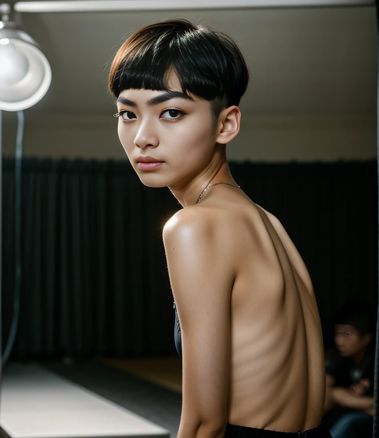 Portrait of 22years old asian man, (black mushroom cut hair and clean), fresh skin, narrow and small eyes, ((single eyelid:1.5)), ((thin eyebrows, light eyebrows:1.4)), hollow cheeks, closed mouth, (fashion model, runway:1.2), the image is horizontal for banner space, showing a close-up of a human subject in the right position, It is photorealistic, a natural shot captured by the best studio photographer, epiC35mm, from behind