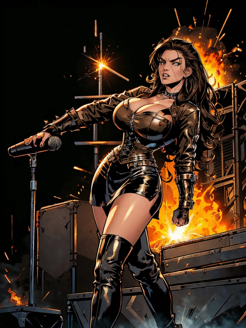 Extremely busty thin and toned brunette death metal singer, college girl, fair skin, big hair, hair pulled back, soft face, athletic, heavy makeup, piercings, black leather, studs, corset, boots, fingerless gloves, tight skirt, chains. standing on a stage, pyrotechnics, holding a microphone, metal concert. (microphone, fist in the sky), angry, rage, screaming. Heavy metal. Death metal. Explosions, fire.