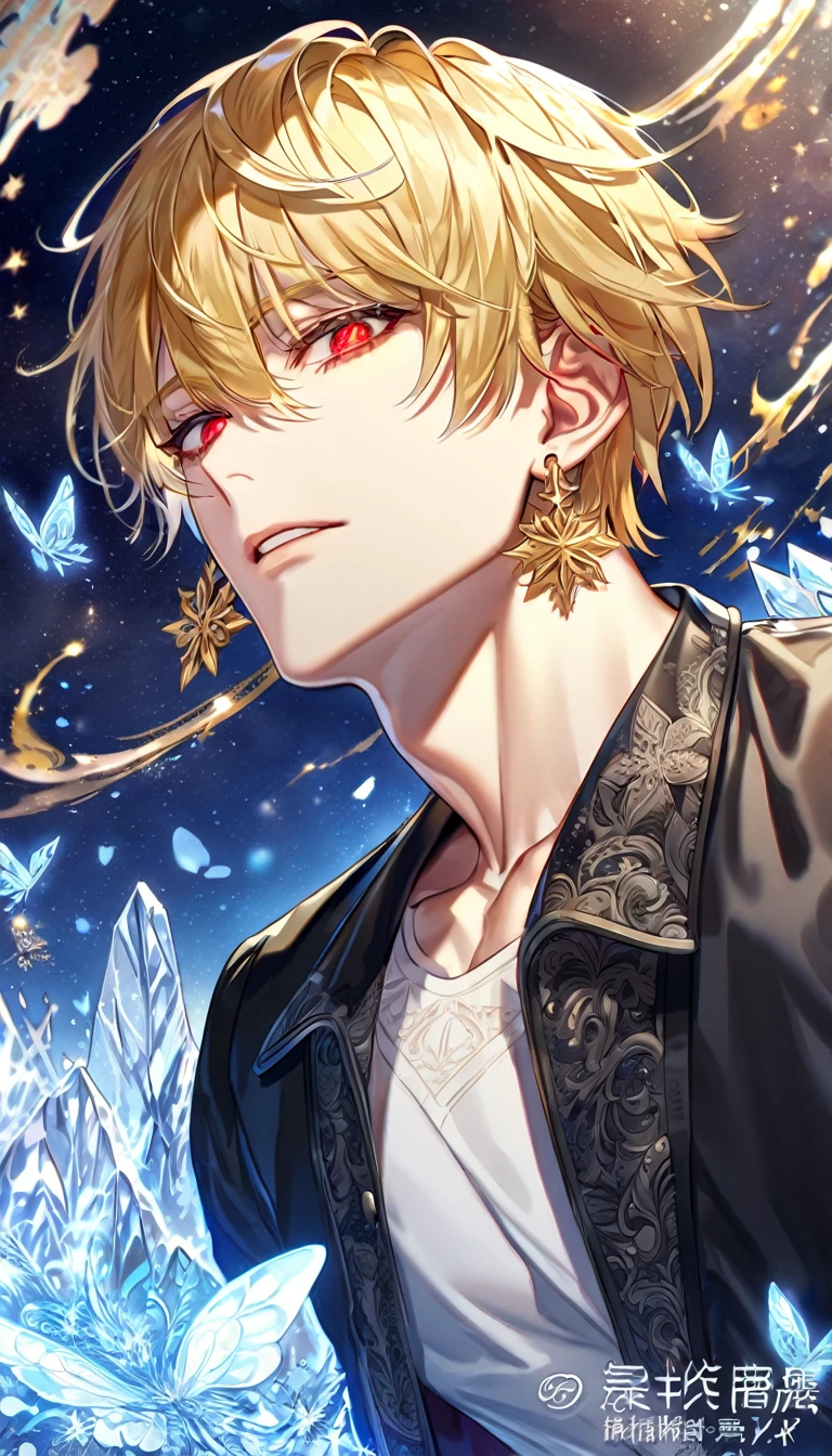 absurdres, highres, ultra detailed, HDR, master piece, best quality, extremely detailed face, delicated features, Gilgamesh, blonde hair, expressive red eyes, fate grand order, black jacket, white T-shirt, golden earrings, solo, sexy man, handsome, fantasy, magical, ice, blue fire, ice butterflies, snowflakes, starry night