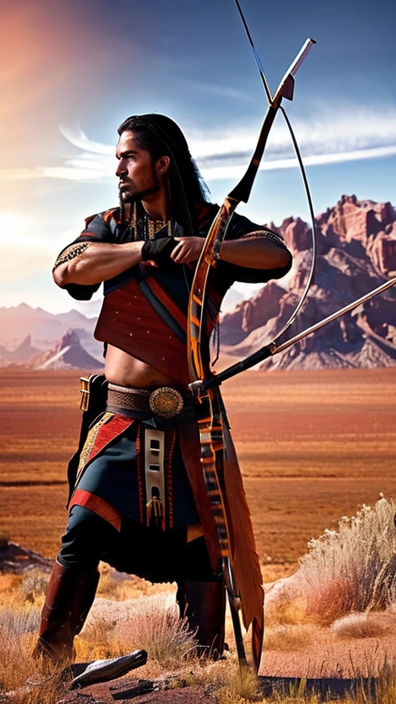 a native american archer in the wilderness, aiming bow and arrow at prey, wild west era, realistic, photorealistic, 8k, highly detailed, dramatic lighting, cinematic, warm color tones, dramatic composition, rugged landscape, dramatic sky, epic scale