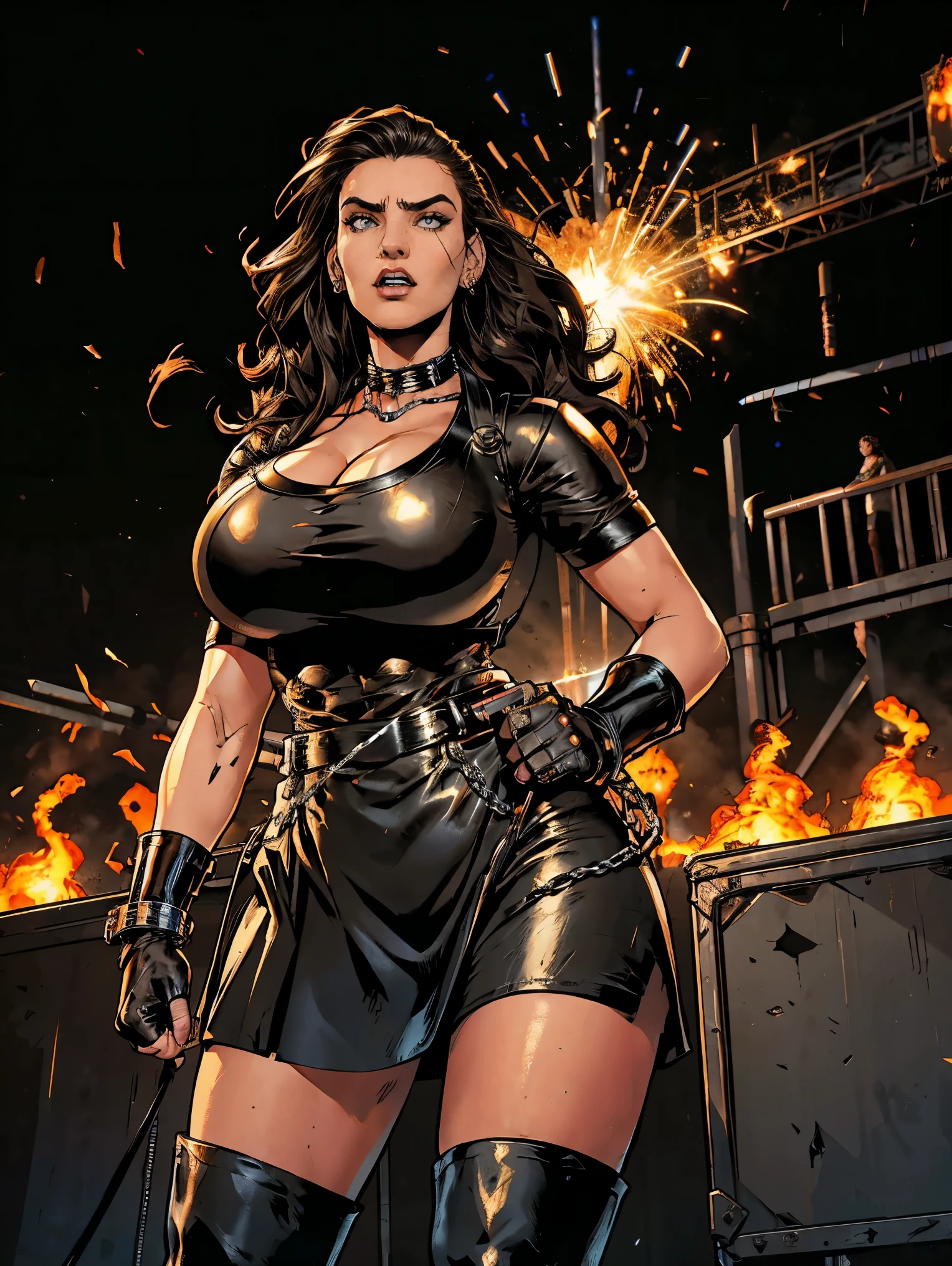 Extremely busty thin and toned brunette death metal singer, college girl, fair skin, big hair, hair pulled back, soft face, athletic, heavy makeup, piercings, black leather, studs, tight black top, boots, fingerless gloves, tight skirt, chains. standing on a stage, pyrotechnics, holding a microphone, metal concert. (microphone, fist in the sky), angry, rage, screaming. Heavy metal. Death metal. Explosions, fire.