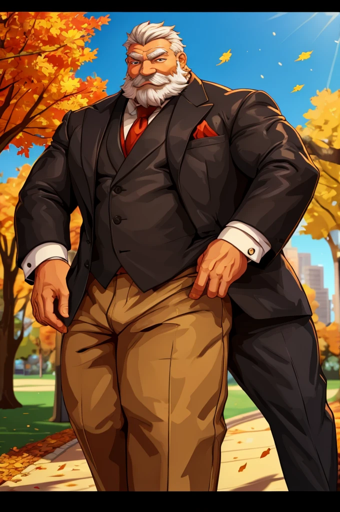 a muscular old man in park, happy, autumn, suits, vector, mwvector, bokeh, smile, (masterpiece:1.2),(best quality,8k),huge and muscular,thick arms,short hair,white hair