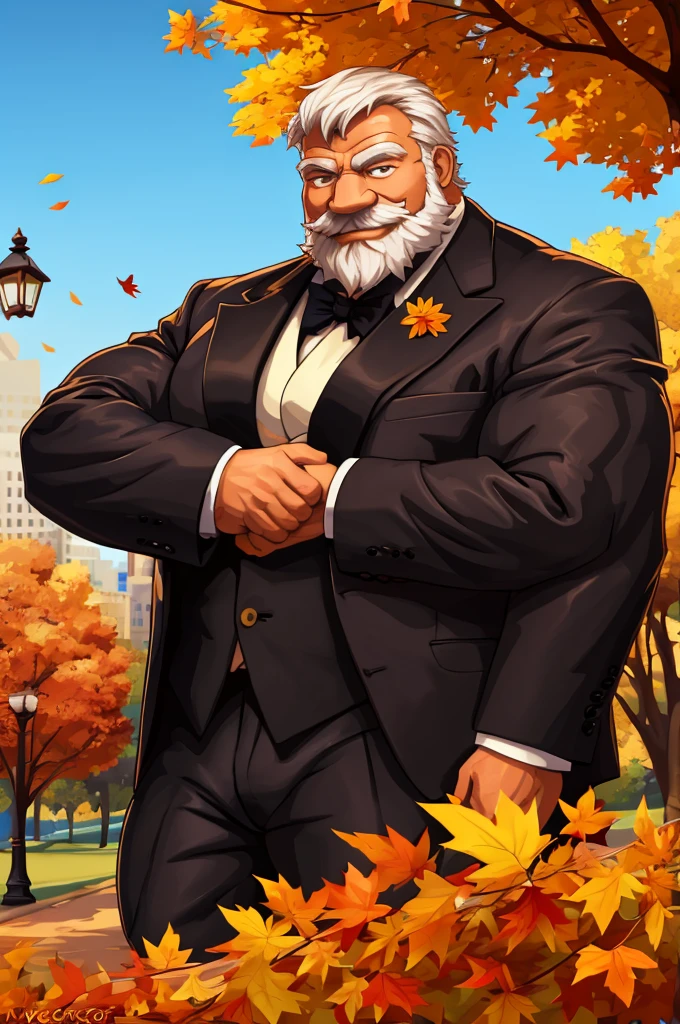 a muscular old man in park, happy, autumn, suits, vector, mwvector, bokeh, smile, (masterpiece:1.2),(best quality,8k),huge and muscular,thick arms,short hair,white hair