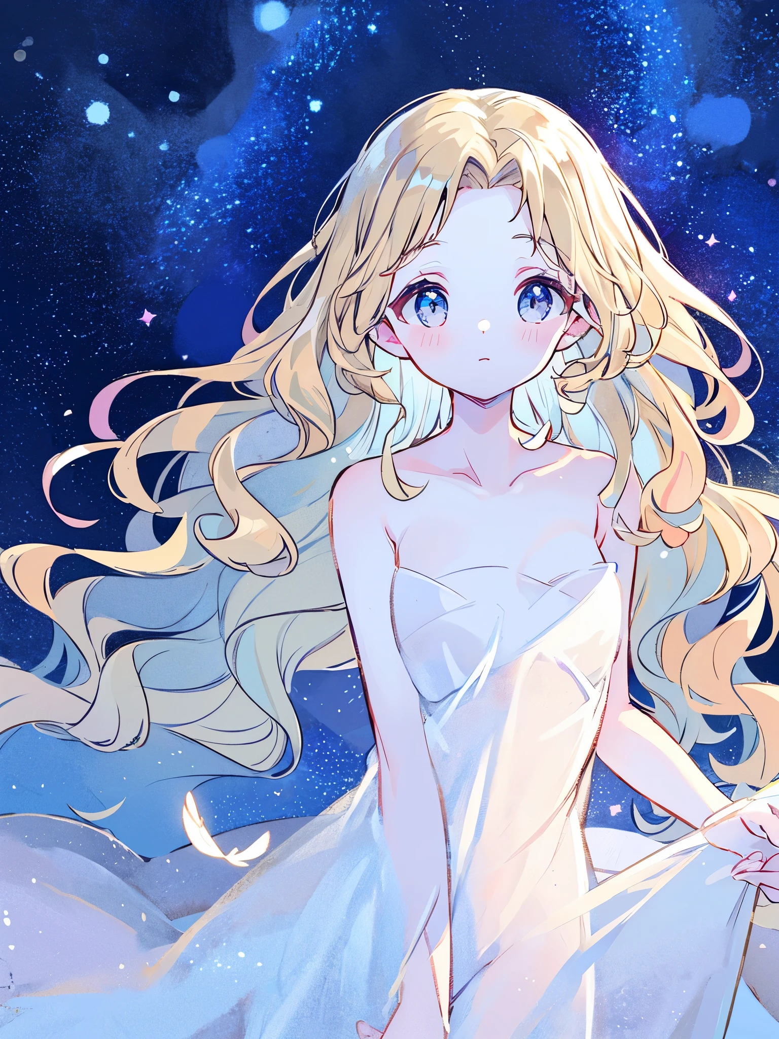 Anime girl with long blonde hair and blue eyes sitting on a rock ...