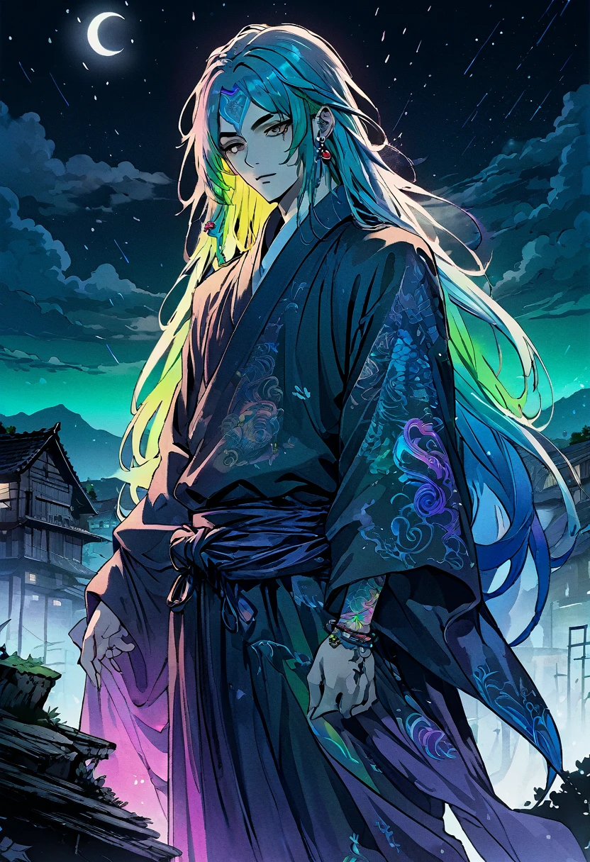 An ethereal sultryseductivedemonic 20 year old anime male druid with metallic long hair and tattoos, delicate masterpiece intimate glowing neon tattoos, anime druid demon male hellscape at night, manga inspired by Masashi Wakui, rainbow color palette, atmospheric fog, decay, worn textures, rain-soaked fantasy village, manga-style illustration --s 150 --ar 1:2 --c 5 Removed From Image