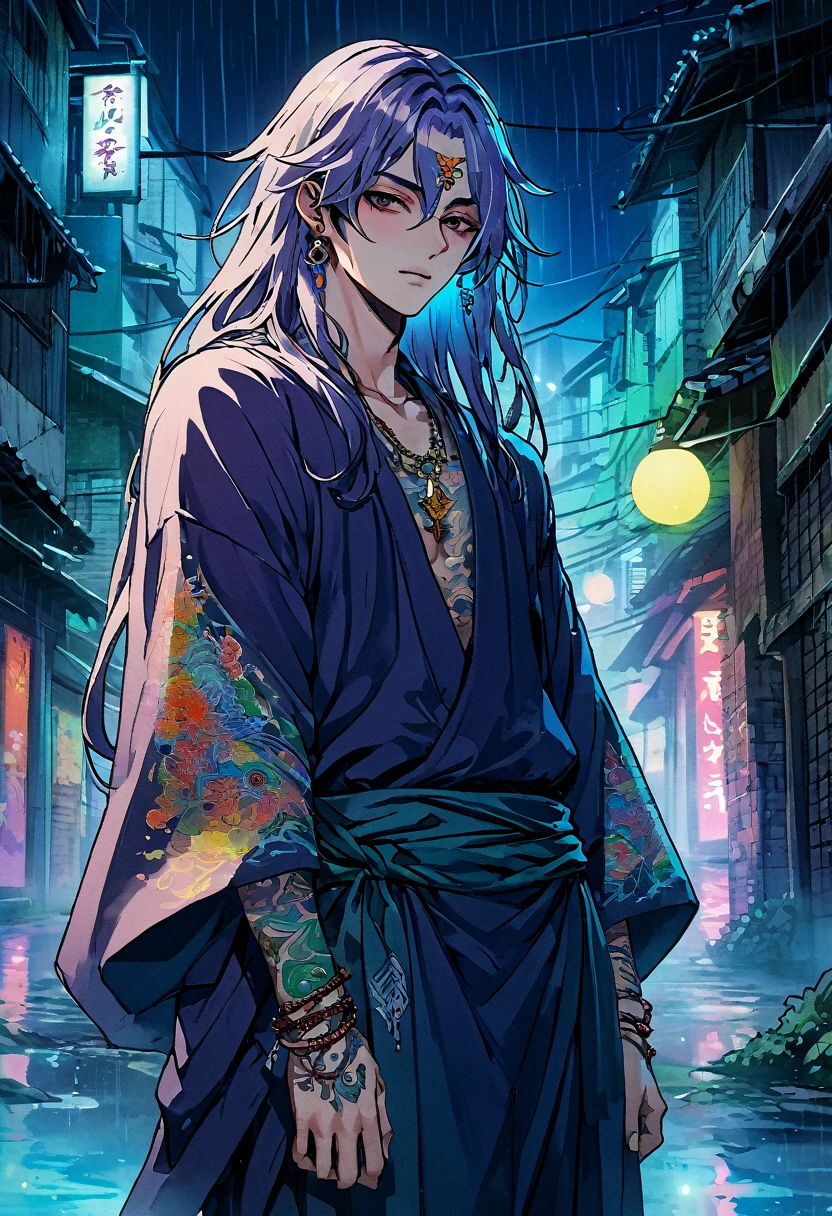 An ethereal sultryseductivedemonic 20 year old anime male druid with metallic long hair and tattoos, delicate masterpiece intimate glowing neon tattoos, anime druid demon male hellscape at night, manga inspired by Masashi Wakui, rainbow color palette, atmospheric fog, decay, worn textures, rain-soaked fantasy village, manga-style illustration --s 150 --ar 1:2 --c 5 Removed From Image