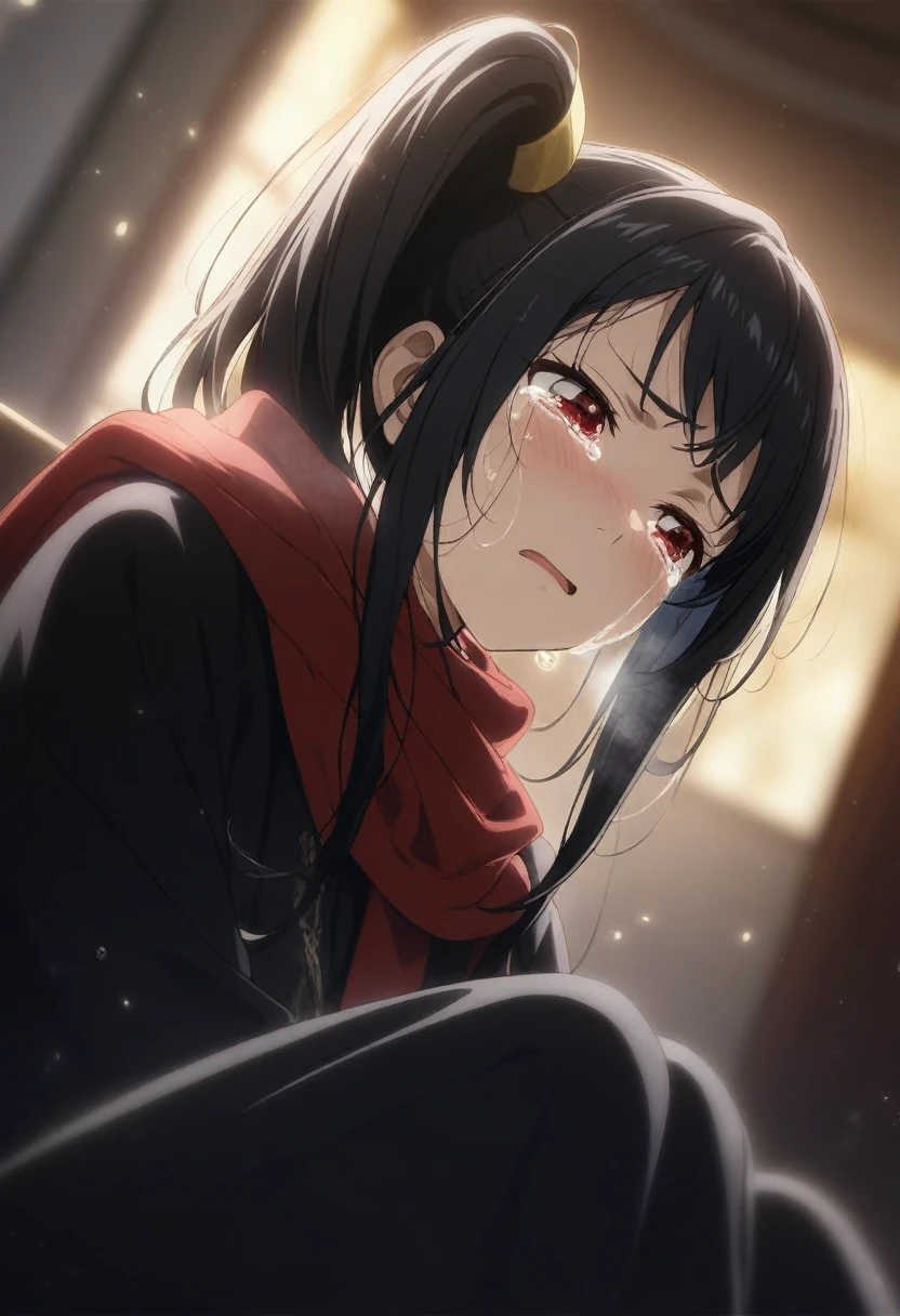 1girl kokudou juunigou, official art, sitting, crying, tears streaming, black coat, red scarf, black hair, side_ponytail, red eyes, (very aesthetic, best quality, ultra detailed), intricate details, highres, indoors, light particles, close-up, blurry background,, low angle, cinematic angle, cowboy shot, emotional, delicate features
