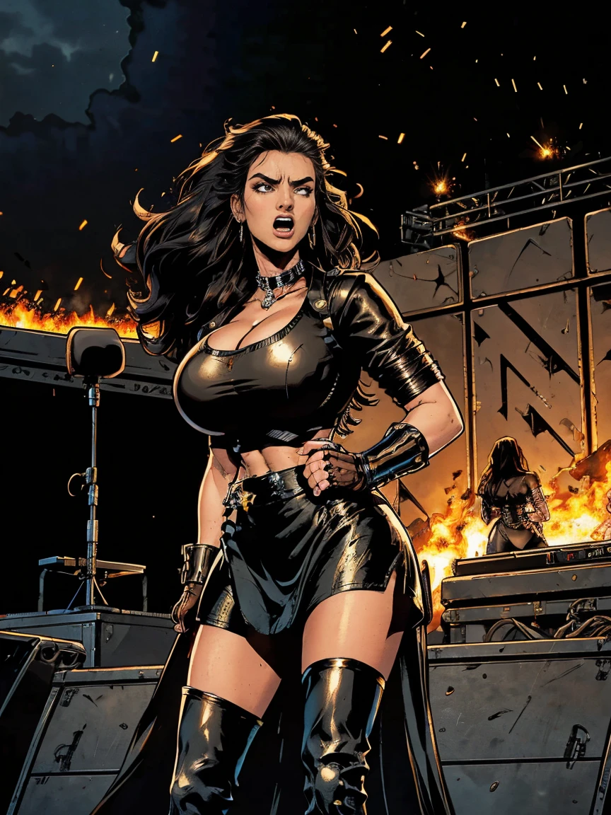 Extremely busty thin and toned brunette death metal singer, college girl, fair skin, big hair, hair pulled back, soft face, athletic, heavy makeup, piercings, black leather, studs, tight black top, boots, fingerless gloves, tight skirt, chains. standing on a stage, pyrotechnics, holding a microphone, metal concert. (microphone, fist in the sky), angry, rage, screaming. Heavy metal. Death metal. Explosions, fire.