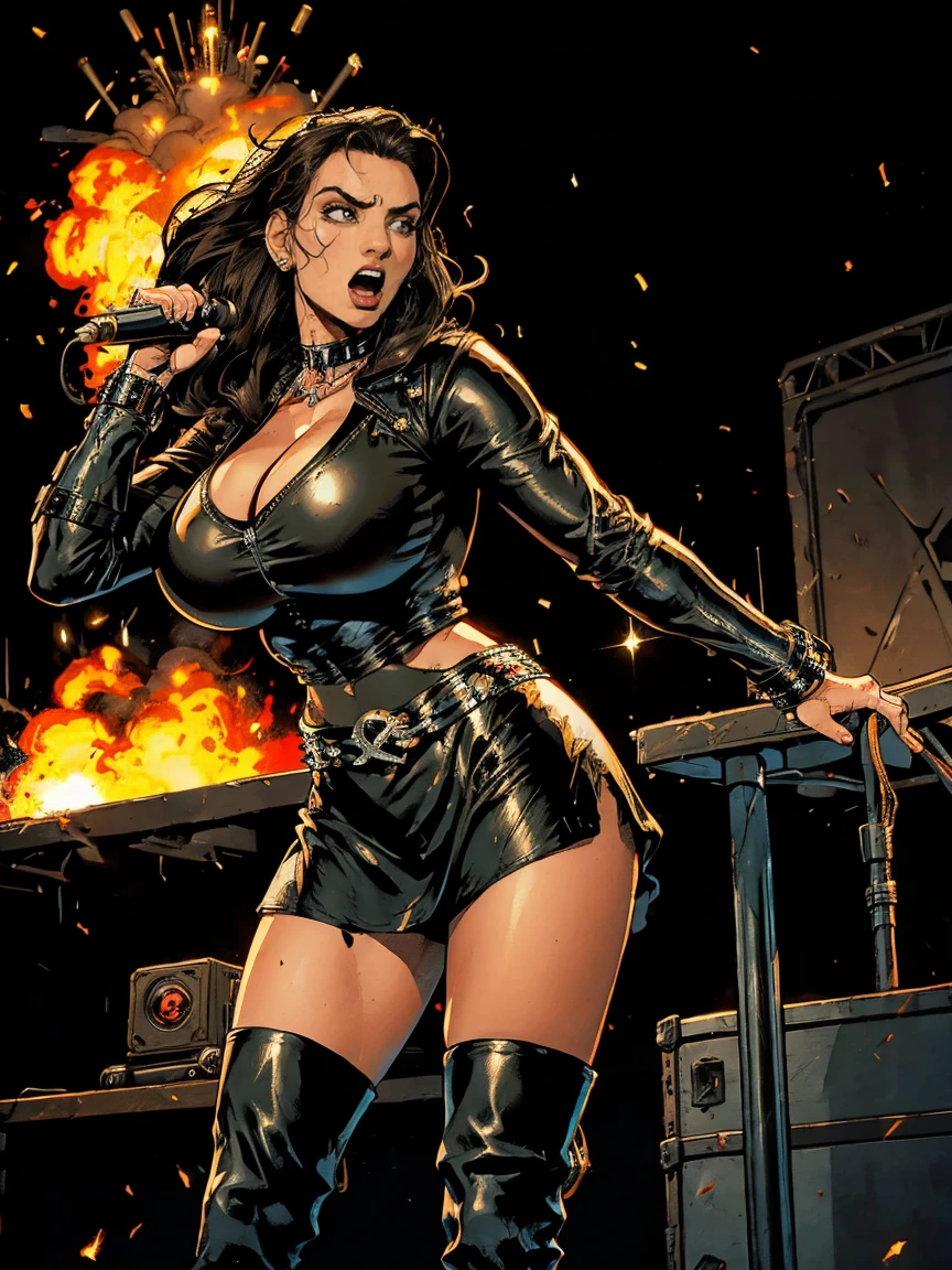 Extremely busty thin and toned brunette death metal singer, college girl, fair skin, big hair, hair pulled back, soft face, athletic, heavy makeup, piercings, black leather, studs, tight black top, boots, fingerless gloves, tight skirt, chains. standing on a stage, pyrotechnics, holding a microphone, metal concert. (microphone, fist in the sky), angry, rage, screaming. Heavy metal. Death metal. Explosions, fire.