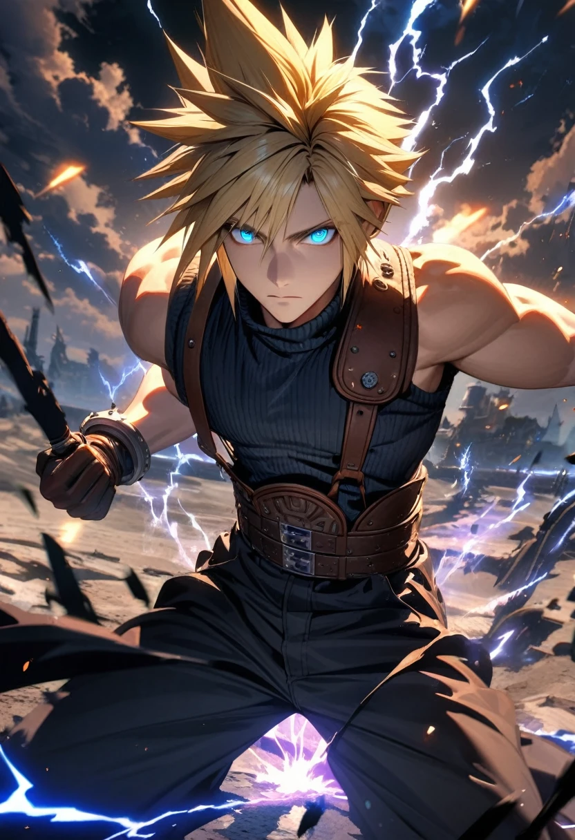 Symetrical,absurdres, highres, ultra detailed, HDR, masterpiece, extremely detailed face and eyes, Cloud Strife,final fantasy 7, yellow hair , , solo, man, handsome, ,, , Epic fight scene,black  lightning effect, glowing glitters, Epic black jacket, black flames effect, black aura effect, black splashing