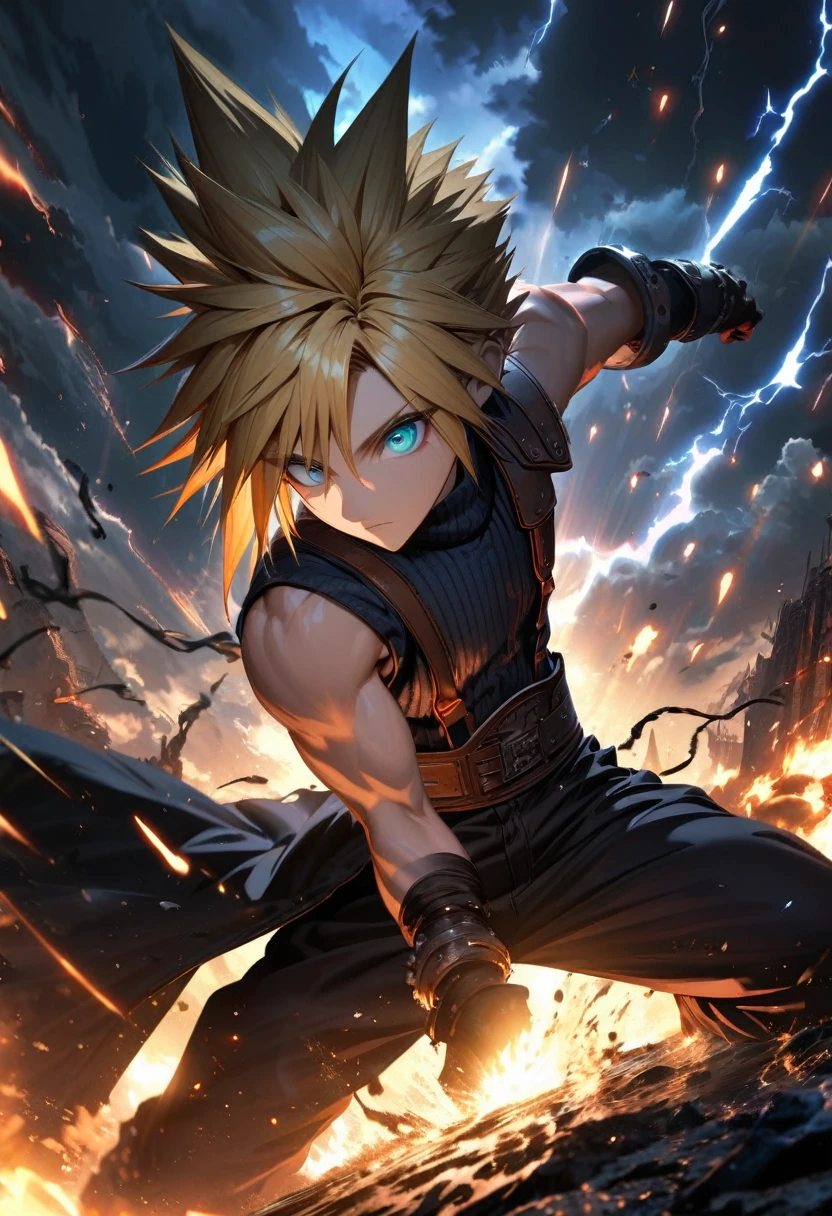 Symetrical,absurdres, highres, ultra detailed, HDR, masterpiece, extremely detailed face and eyes, Cloud Strife,final fantasy 7, yellow hair , , solo, man, handsome, ,, , Epic fight scene,black lightning effect, glowing glitters, Epic black jacket, black flames effect, black aura effect, black splashing