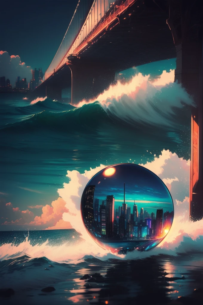 mini(ttp), (8K, RAW Photos, Highest quality, masterpiece:1.2), Colorful background, Clean background, Depth of written boundary, city, skyscraper, miniature, landscape, isometric,In the crystal ball, 16:9, Beach, Wave