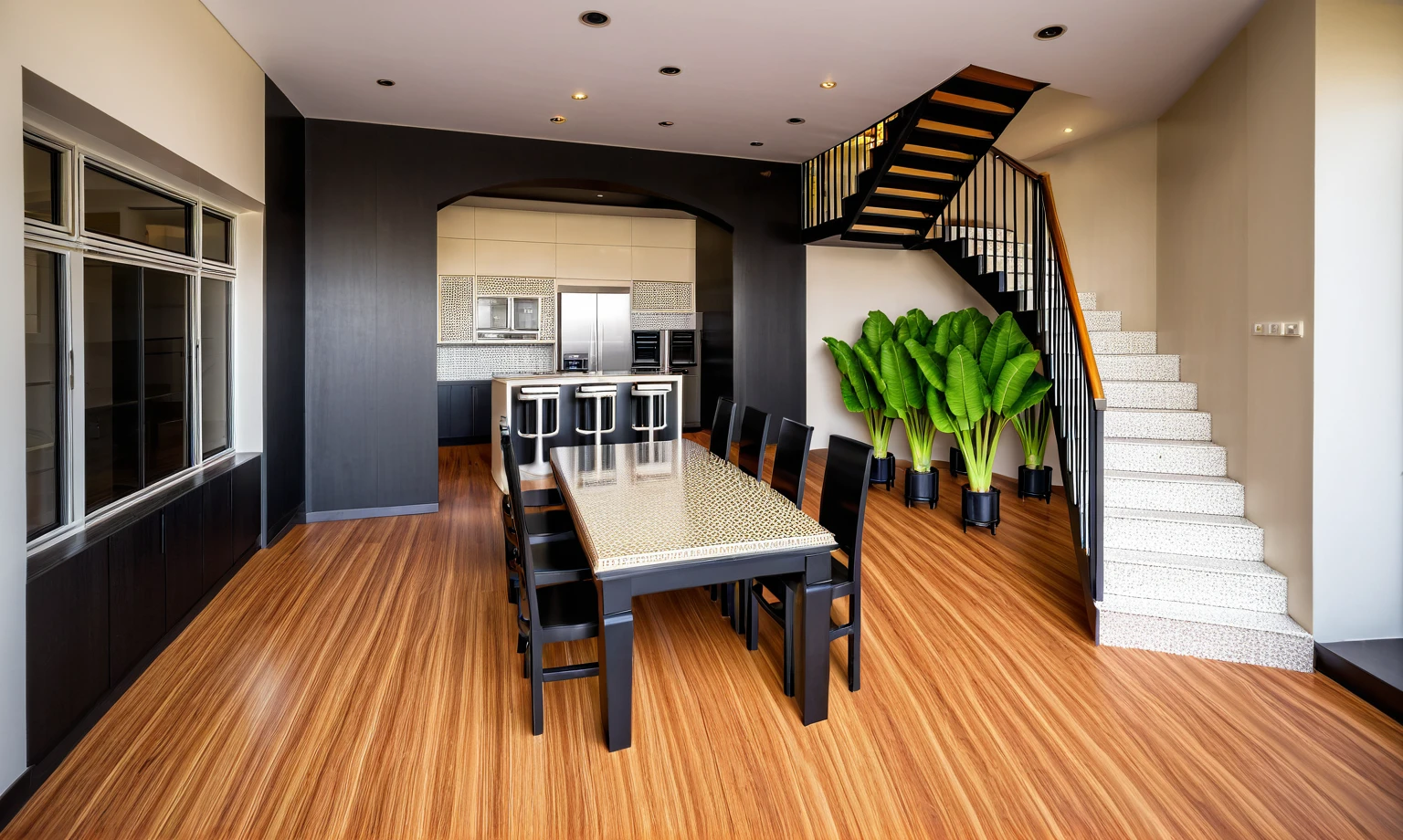 RAW photo, Masterpiece, high quality, best quality, authentic, super detailed, glossy indochina black furniture), 1 indochina style, Indochina interior, 1 dining table set, 1 kitchen cabinet inside, 1 kitchen island, 1 aluminum window on the left, sunshades next to the stairs, bonsai under the stairs, cozy space, glossy floor, 1 solid wood door:1.4,((laminated plaster,))), sunset light)), archdaily architecture, (high detail: 1.2), 8k uhd, dslr, soft light, high quality, film grain, Fujifilm XT3, High-end, hight dynamic light, hight contrast.