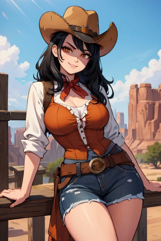 perfect face, perfect hands. A black haired female cowgirl with orange eyes in a conservative cowgirl outfit is leaning on a railing with a big smile in a wild west town